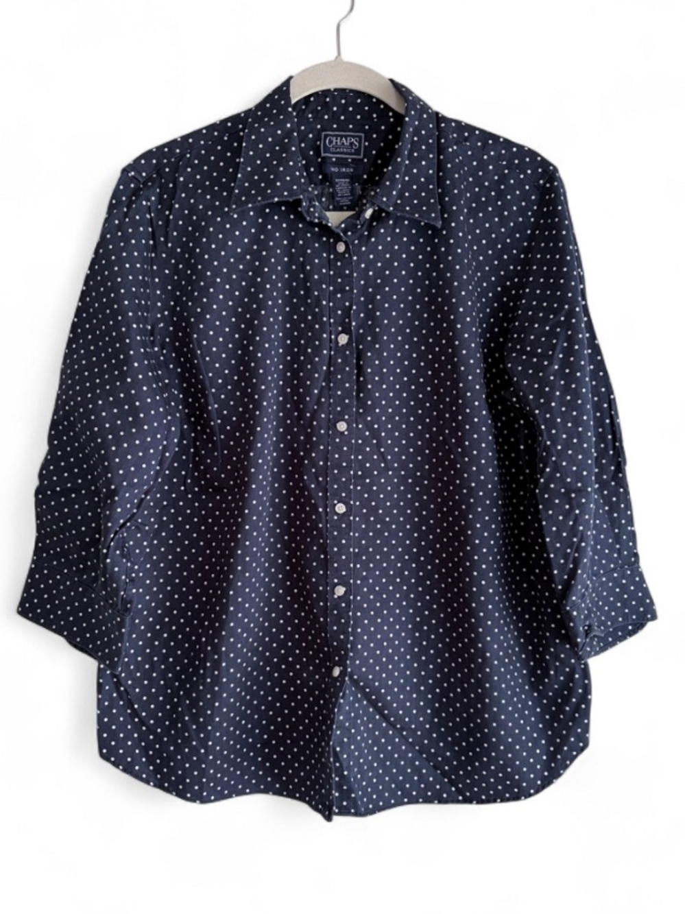 Chaps 100% Cotton Navy Blue Polka Dot 3/4 Sleeve Button Down Shirt Size 1X